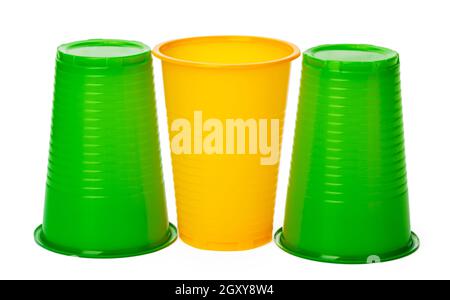 Colored disposable cups for drinks isolated on white Stock Photo