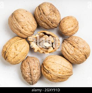 several shelled and whole walnuts close up on gray ceramic plate Stock Photo