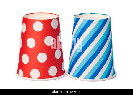 Paper disposable cups with colored pattern isolated on white background Stock Photo