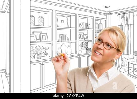 Young Woman Over Custom Built-in Shelves and Cabinets Design Drawing. Stock Photo