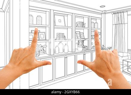 Hands Framing Custom Built-in Shelves and Cabinets Design Drawing. Stock Photo