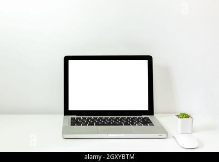 computer laptop mock up and mouse Cactus white blank screen on table. Used to advertise text on the computer screen. Stock Photo