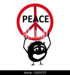 Silhouette of a cute monster with a peace sign in a red circle. Peaceful demonstration protesting against the war. Isolated vector on a white backgrou Stock Vector