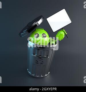 3d Robot inside trash bin. Electronic recycle concept Stock Photo