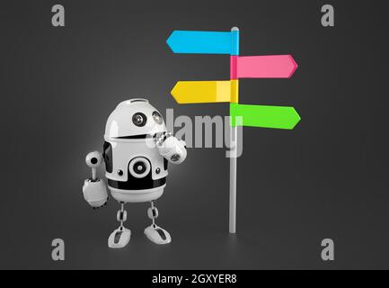 Robot looking at colorful way sign. Technology concept Stock Photo