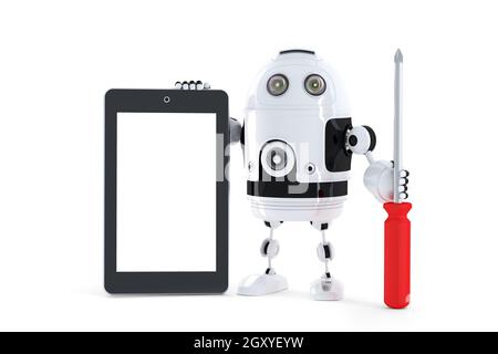 Android robot with tablet computer. Computer repair concept Stock Photo