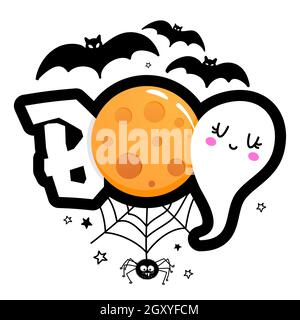 Boo - Happy halloween quote on white background with a cute hanging spider, candy corn and yellow full moon.  Good for t-shirt, mug, banner, gift, pri Stock Vector