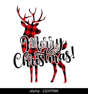 Merry Christmas - text with Red and black tartan plaid scottish buffalo Pattern. Greeting card text Calligraphy phrase for Christmas or other gift. Xm Stock Vector