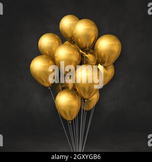 Gold balloons bunch on a black wall background. 3D illustration render Stock Photo