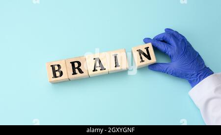 wooden cubes with the inscription Brain on a blue background. Altzheimer's disease concept, brain training, top view Stock Photo