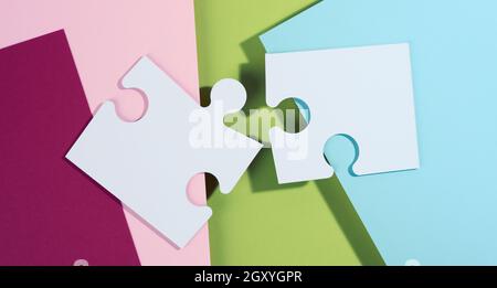 large blank white paper puzzle with shadow, top view. Abstract creative backdrop for designer, top view Stock Photo