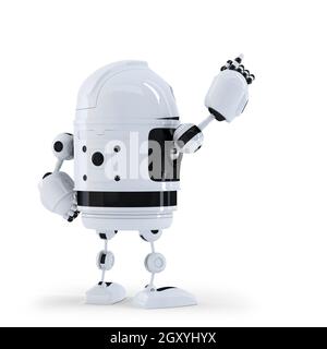 Robot pointing at invisible object. Back view. Isolated on white Stock Photo