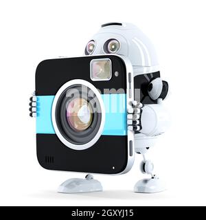 Robot walking with digital camera. Isolated on white Stock Photo