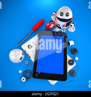 Android robot repairing tablet pc. Technology concept Stock Photo