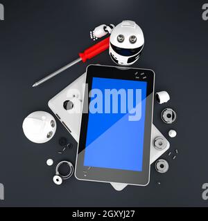 Robot repairing tablet computer. Technology concept Stock Photo