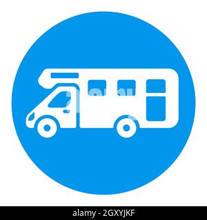 Mobile home Motor home Caravan Trailer Vehicle flat vector white glyph icon. Graph symbol for travel and tourism web site and apps design, logo, app, Stock Photo