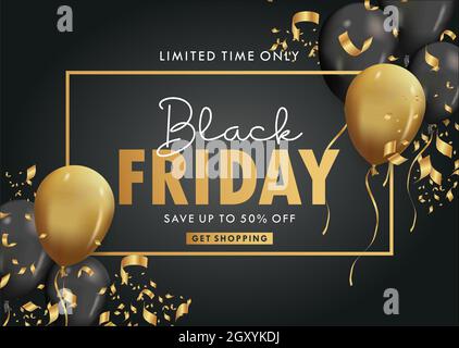 Black friday background with beautiful golden balloons and flying serpentine. Modern design Stock Vector