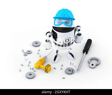 Robot construction worker with various tools. Technology concept. Isolated on white Stock Photo