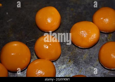 A high angle shot of uncooked gulab jamun- sweet Indian dessert Stock Photo