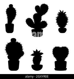 Set of silhouettes of cacti in pots. Houseplants silhouettes isolated on white background. Stock Vector