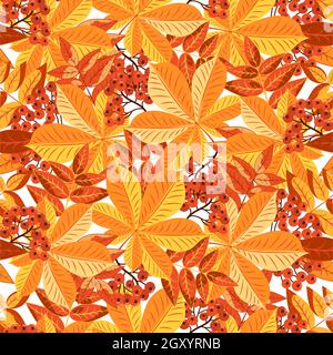 Autumn seamless pattern of red rowan berries and yellow chestnut leaves. Vector image. For the design of gift paper. Stock Vector