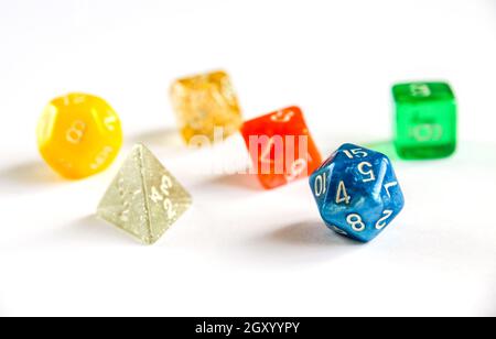 Special colorful dices group for role playing games. Stock Photo