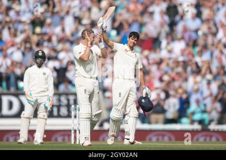 England’s Alastair Cook celebrates scoring 100 during his final test match at The Kia Oval, London. Stock Photo