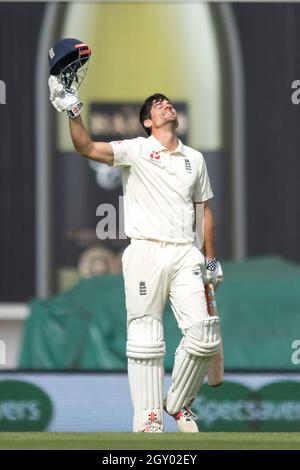 England’s Alastair Cook celebrates scoring 100 during his final test match at The Kia Oval, London. Stock Photo