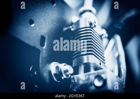 Modern 3D Printer Close-up Macro. Creative Abstract New Technologies Concept. Stock Photo