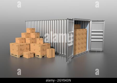 Ship cargo container side view, open doors, full with cardboard boxes. Pile of cardboard boxes on pallet. 3D illustration Stock Photo