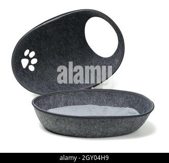 oval gray folding felt cat house isolated on white background. Inside a soft pillow Stock Photo