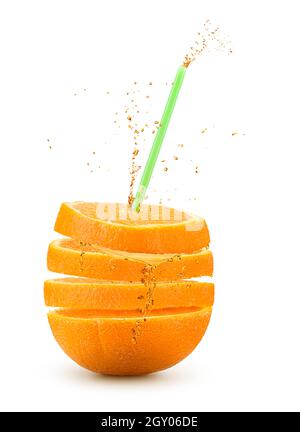 Orange fruit sliced with drinking staw on white background Stock Photo