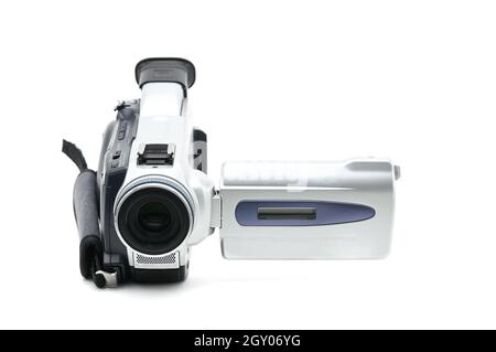 Semi-professional video camcorder used for shooting video clips on Isolated white background Stock Photo