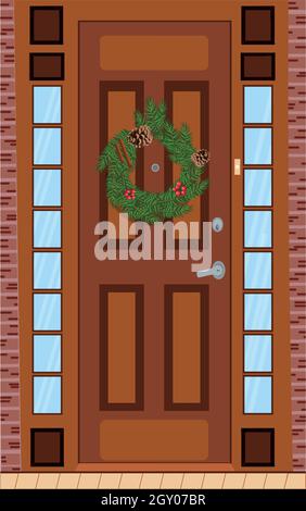 Merry Christmas and Happy New Year background with decorated Christmas front door Stock Vector