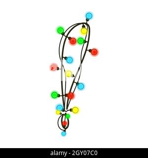Holiday garland exclamation mark isolated on white. Colored light bulbs on wires. Christmas handwritten font for text or logo. Vector EPS 10. Stock Vector