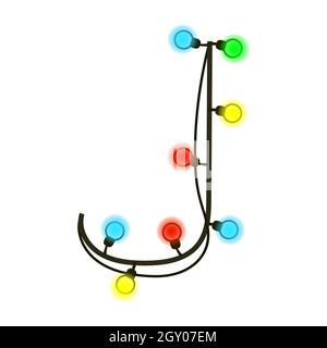 Capital letter J from garland isolated on white. Colored light bulbs on wires. Christmas handwritten font for text or logo. Vector EPS 10. Stock Vector