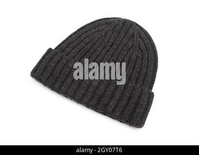 Dark grey beanie hat isolated on white background with clipping path. Stock Photo