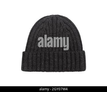 Dark grey beanie hat isolated on white background with clipping path. Stock Photo