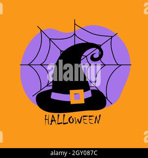Black witch hat on the net. Halloween holiday. Horror. Create a postcard, poster, or flyer. Flat illustration. Stock Vector