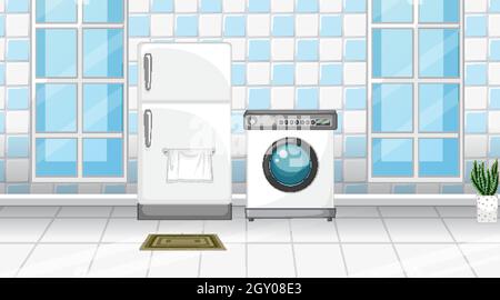 Scene with refrigerator and washing machine in the room illustration Stock Vector