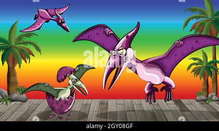 Cartoon dinosaur on rainbow gradient background illustration Stock Vector
