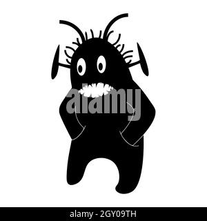 Silhouette of an alien monster with hands in the pockets of his pants. A creature with big eyes and sharp teeth. Isolated vector. Stock Vector