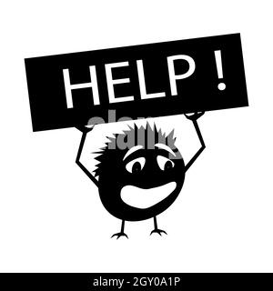 Silhouette of a round spiny creature with the sign HELP. Big mouth and sad eyes. Isolated vector on a white background. Stock Vector