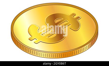 Gold coin Dollar USD in isometric top view isolated on white. Vector design element. Stock Vector