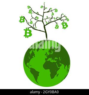 Bitcoin growth concept on planet Earth isolated on white. Tree with leaves from bitcoins. Vector illustration. Stock Vector
