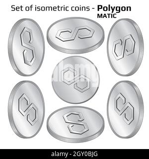 Set of coins Polygon MATIC in isometric view in black and white isolated on white. Vector illustration. Stock Vector
