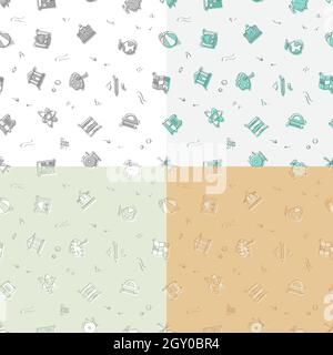 set of seamless patterns with doodle linear icons. Geography,globe,calculator,university,chemistry,bus,geometry. Ornament for decoration and printing Stock Vector