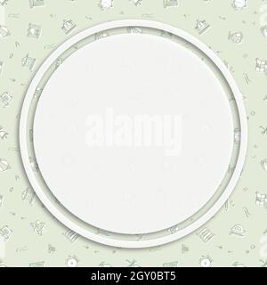 Circle frame, background on seamless pattern with doodle linear icons. Geography, globe, calculator, university, chemistry, bus, geometry. Media posti Stock Vector