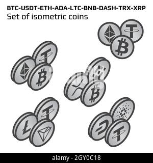 Set of isometric main cryptocurrency coins in bw isolated on white on right view. Isometric crypto symbols on coins. Vector illustration. Stock Vector