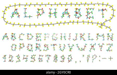 Latin alphabet with a garland isolated on white. Multi-colored light bulbs on wires. For Christmas and other holidays. Vector EPS 10. Stock Photo